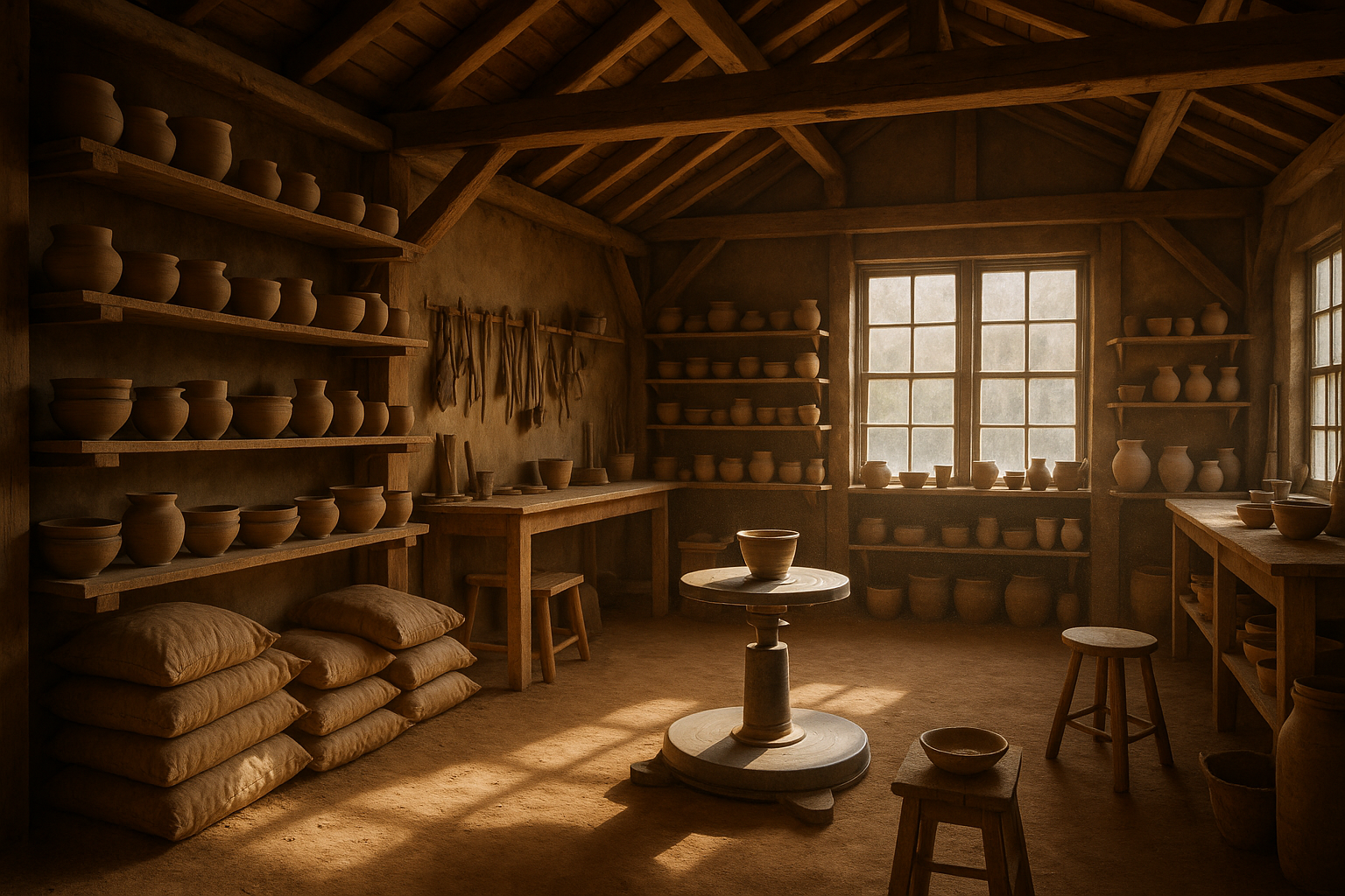 Atelier de céramique d'Aurélie à Saverne, charpente bois, tour de potier et étagères de pièces en séchage