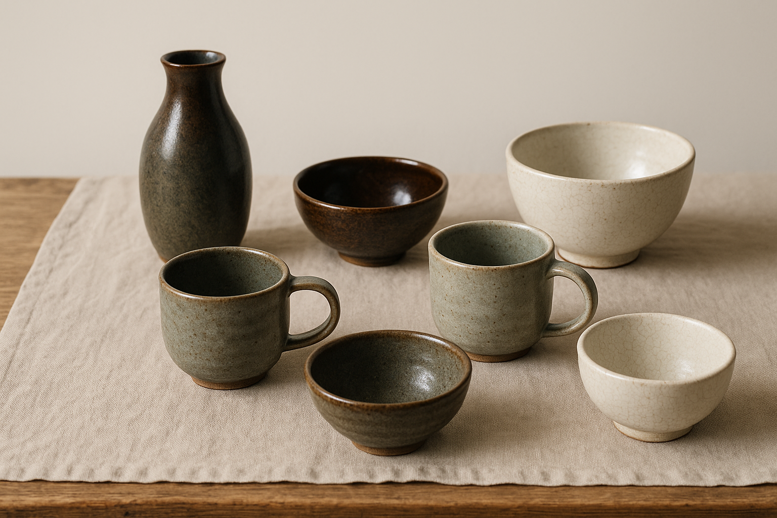 Collection de pièces en grès émaillé disposées sur une table en bois brut