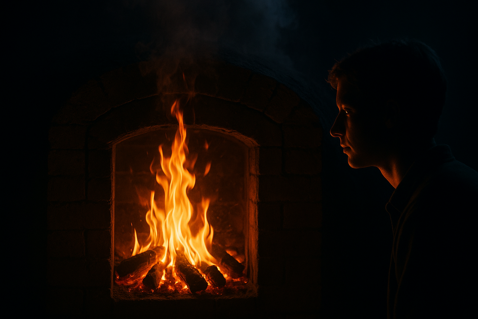 Four à bois anagama en cuisson, flammes orangées et braises rougeoyantes