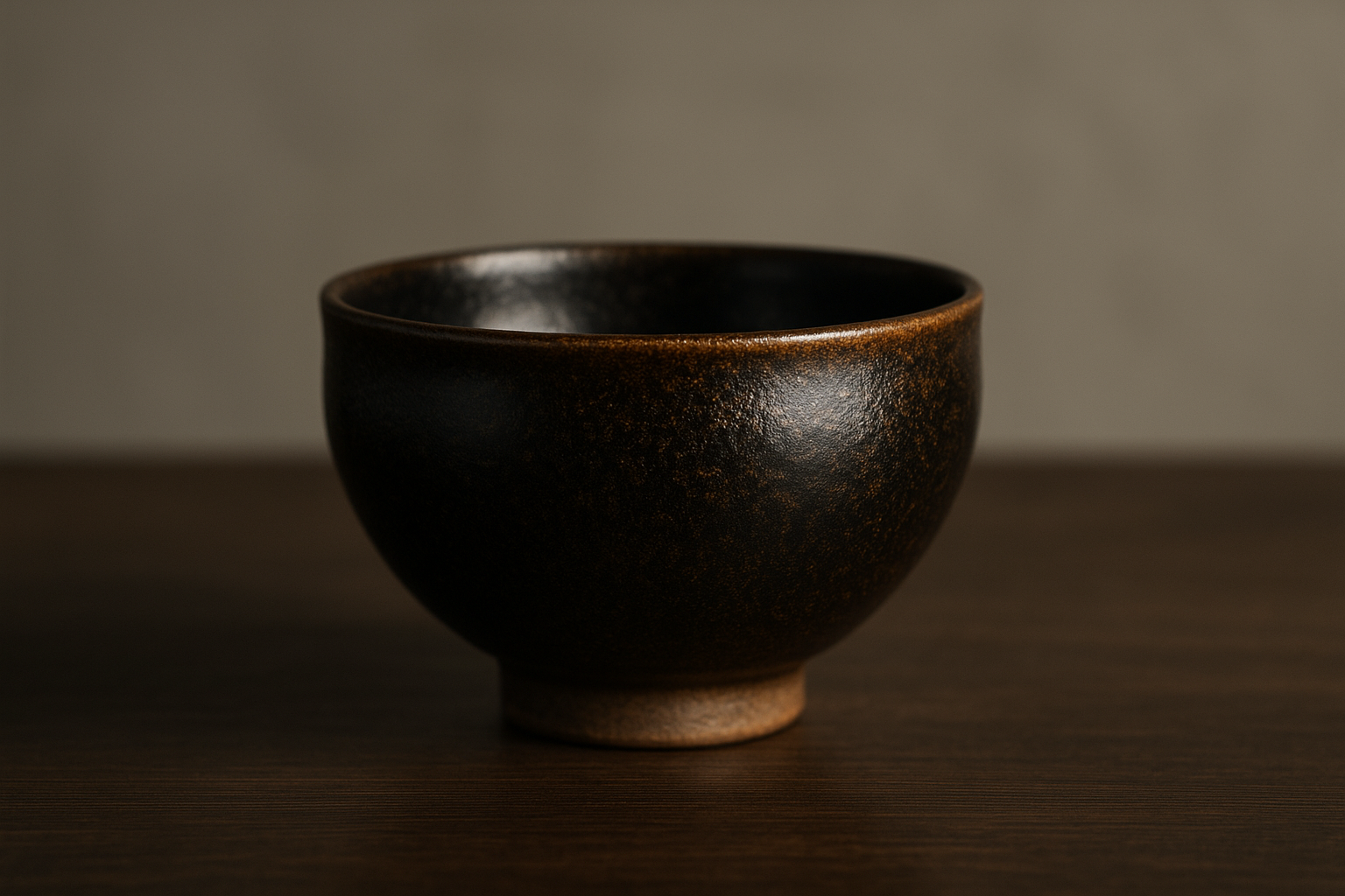 Bol à thé chawan en grès, émail tenmoku brun-noir aux reflets dorés